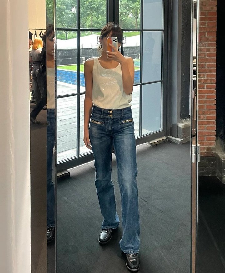 세미 와이드 포켓 체인 데님진